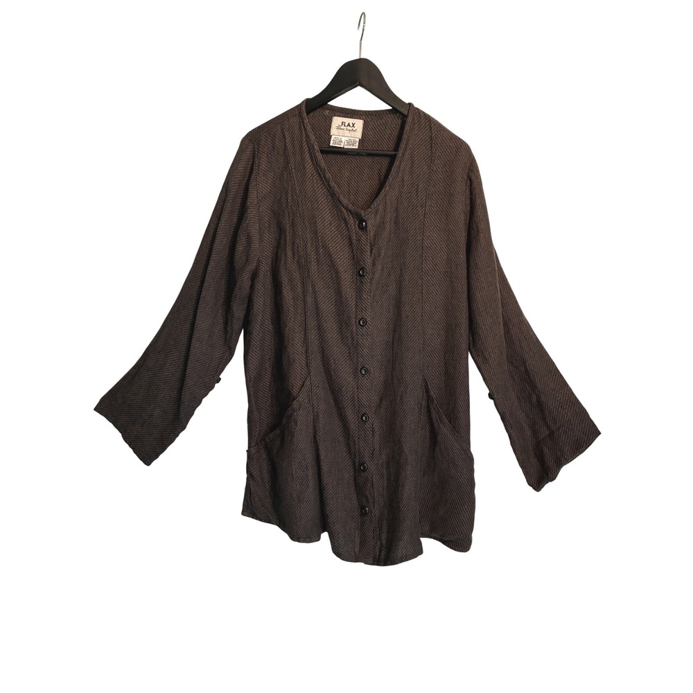 Flax by Jeanne Engelhart Linen Button Front Tunic Top Brown S Lagenlook